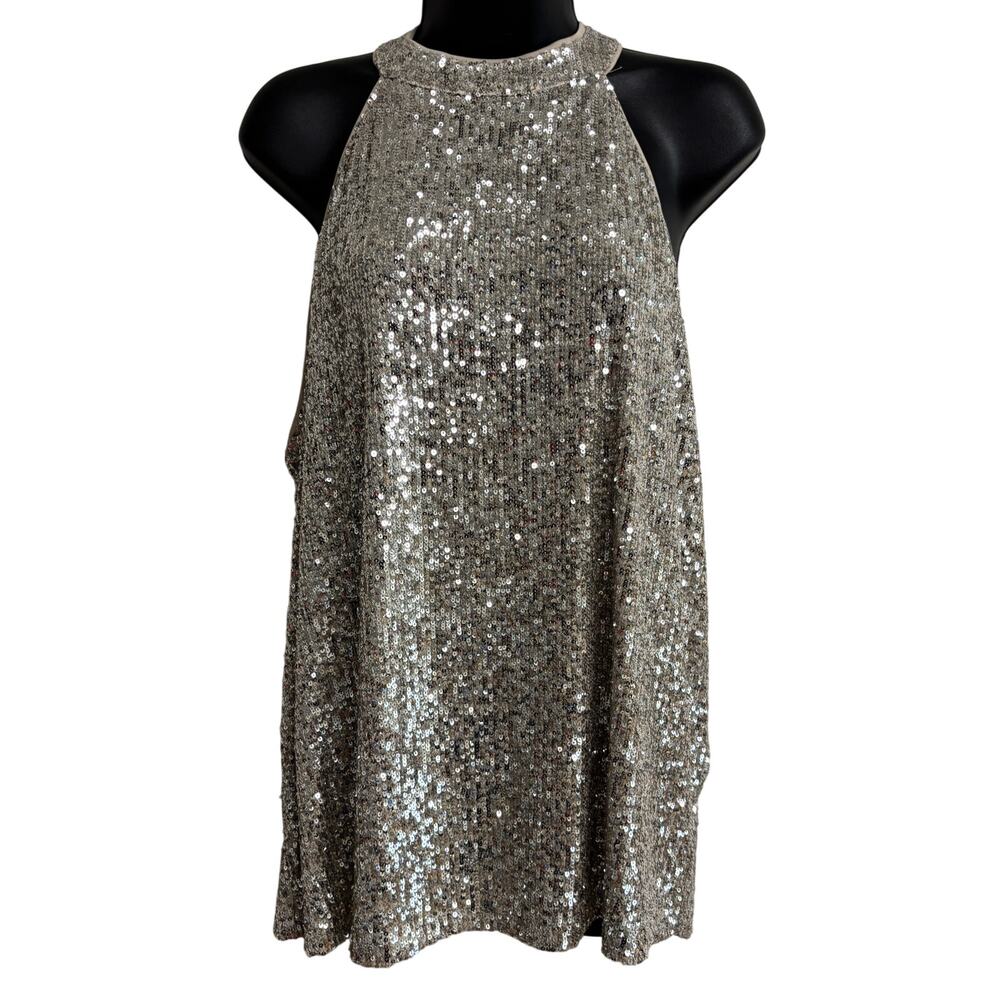 Cable & Gauge Sequin Top Blouse Womens 2X Plus Gold Sleeveless Halter Party New - Picture 1 of 9
